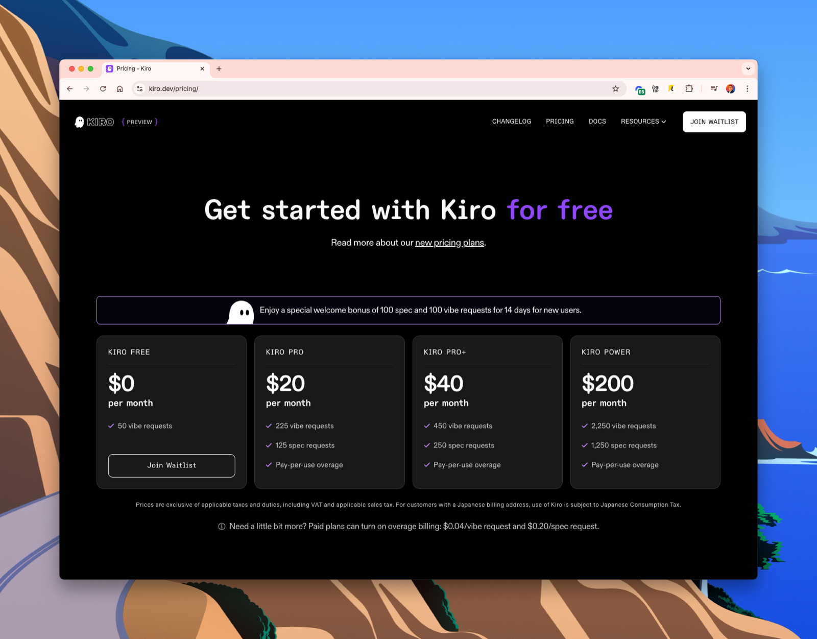 Pricing tiers available on Kiro